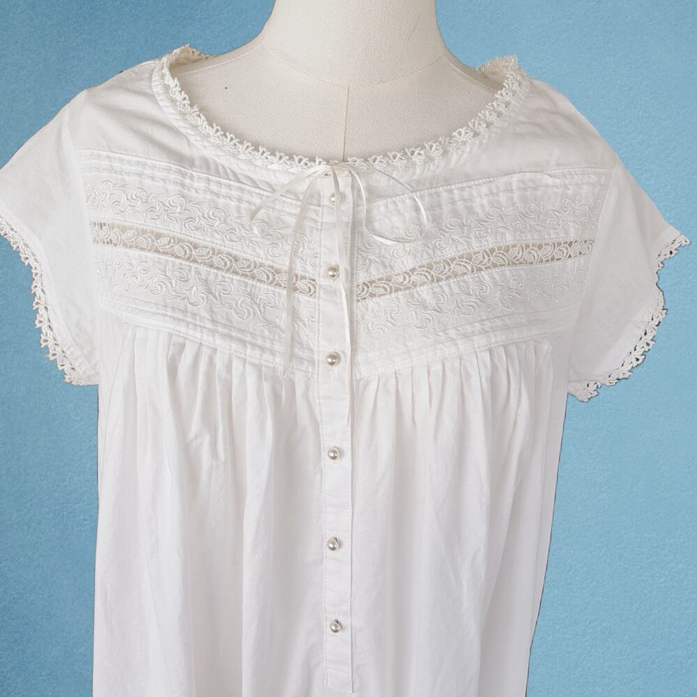 EILEEN WEST White Cotton Lawn Ballet Nightgown Small Cap Sleeve Dainty Cottage - Picture 6 of 8
